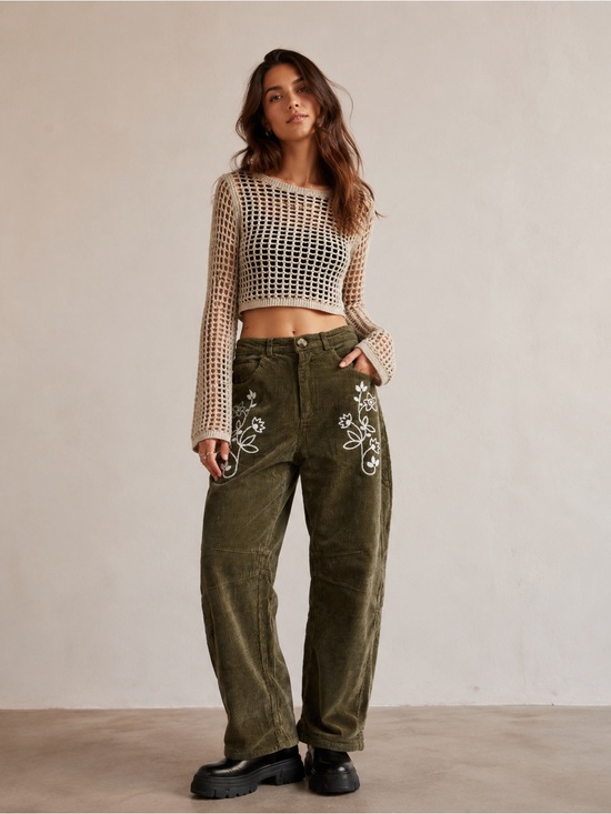 Pants - NWT Jacquie The Label SYLVIE Embroidered Barrel-leg Corduroy Olive